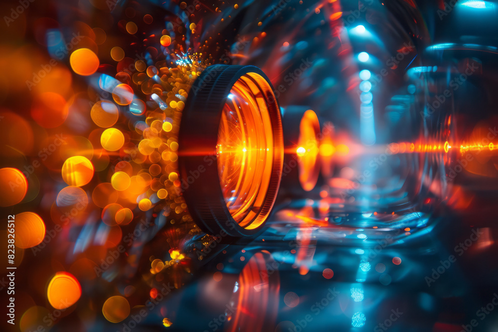 Poster Abstract image of a lens projecting beams of light that morph into fractal patterns,