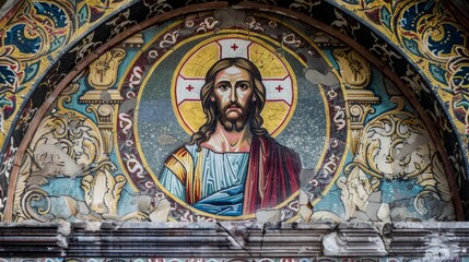 A beautifully crafted mosaic window of Jesus in a serene pose, set against a backdrop of ornate architectural elements