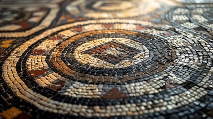 A close-up of a mosaic floor with a geometric design