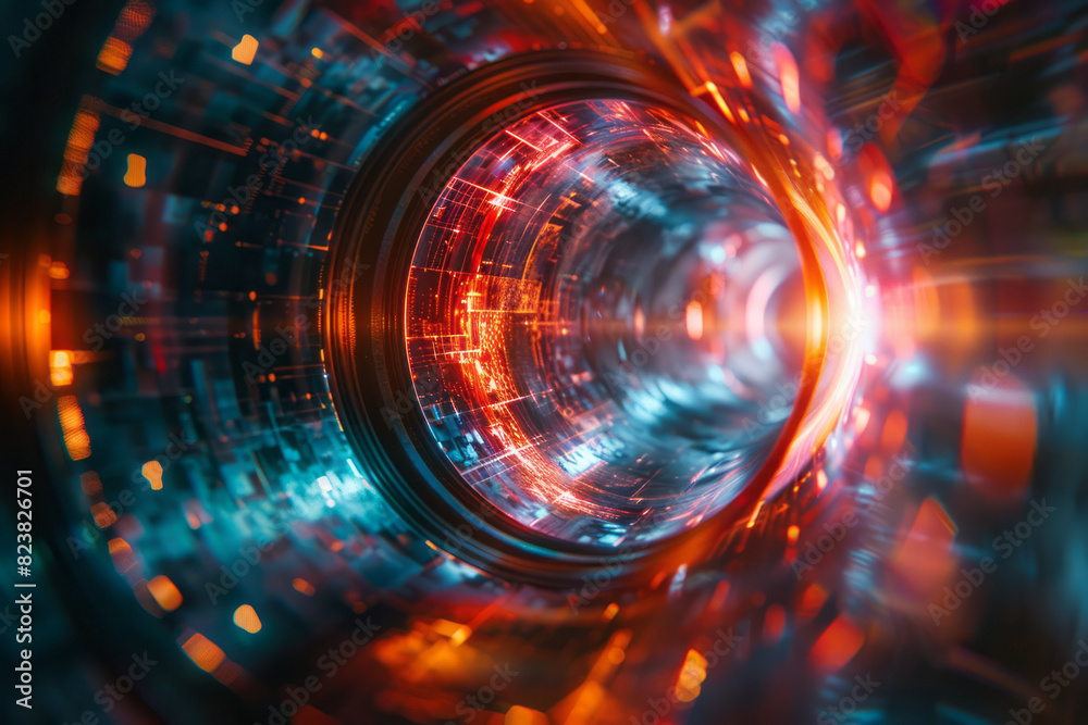 Poster Illustration of a lens emitting laser-like beams that intersect and create a grid of glowing geometric shapes,