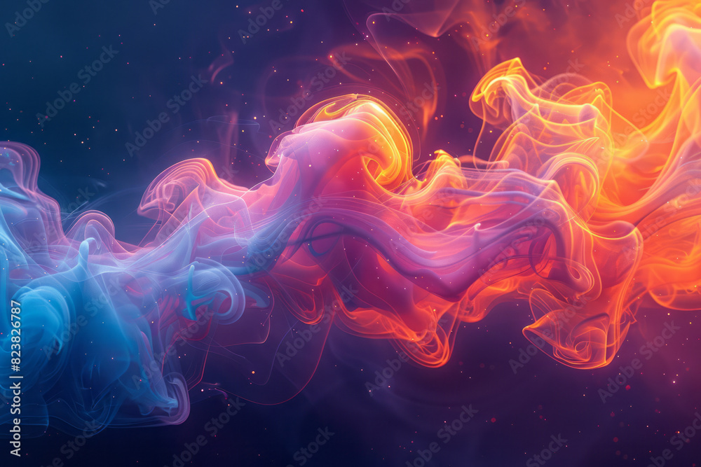 Poster Artistic rendering of a lens acting as a source of colorful, abstract smoke-like trails of light,