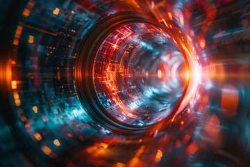 Obraz premium Illustration of a lens emitting laser-like beams that intersect and create a grid of glowing geometric shapes,