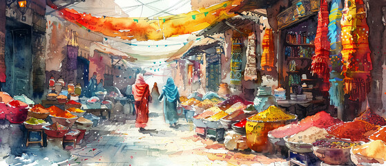 Obraz premium Moroccan souk market, intricate textiles, exotic spices, vibrant colors, bustling atmosphere, high-detail, cultural immersion and discovery.watercolor illustrations
