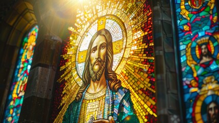 A stunning mosaic window depicting Jesus with vibrant colors and intricate details, illuminated by natural light streaming through