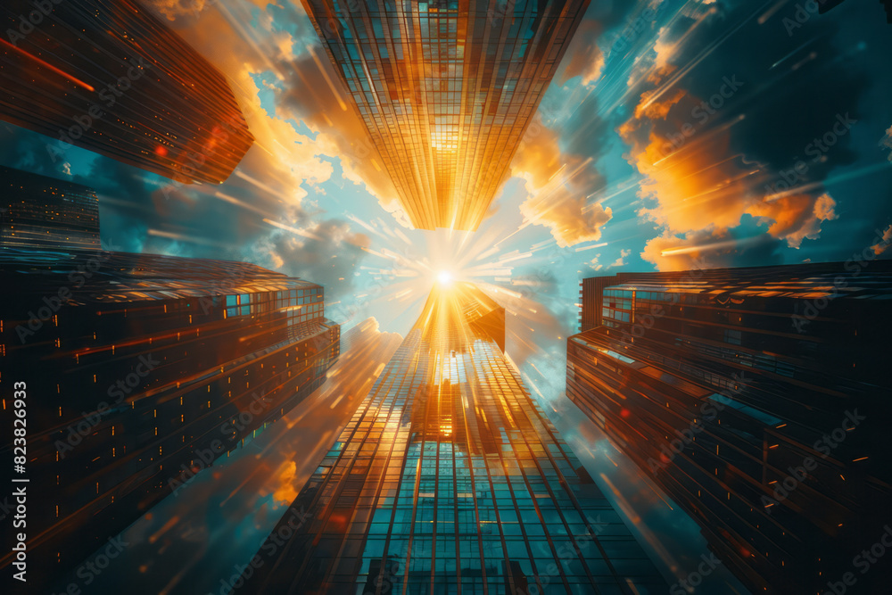 Aufkleber scene of a lens floating above a cityscape, casting beams of light that create abstract reflections 