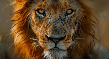 The intense gaze of a lion is captured in a powerful close-up photograph