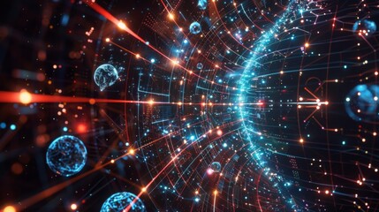 Obraz premium A vibrant digital network with neon lights and flowing data streams, showcasing a futuristic technology concept at night.