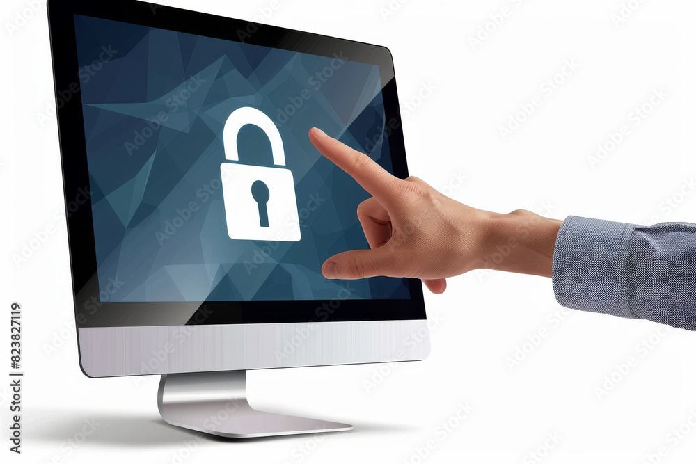 Wall mural Hand pointing at padlock on computer screen, symbolizing data protection and cybersecurity measures.