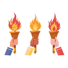 Torch in hand set. Flaming torchs.Sport fire sign. Competitions, athletic, champion, sports game or freedom torches with flames icon.
