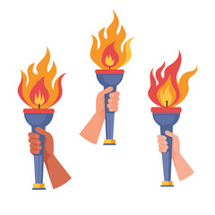 Torch in hand set. Flaming torchs.Sport fire sign. Competitions, athletic, champion, sports game or freedom torches with flames icon.