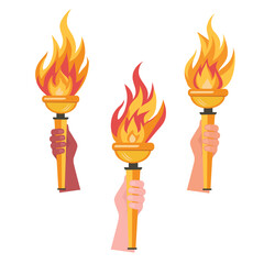 Torch in hand set. Flaming torchs.Sport fire sign. Competitions, athletic, champion, sports game or freedom torches with flames icon.