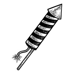 Fireworks rocket launch sketch engraving PNG illustration. T-shirt apparel print design. Scratch board imitation. Black and white hand drawn image.