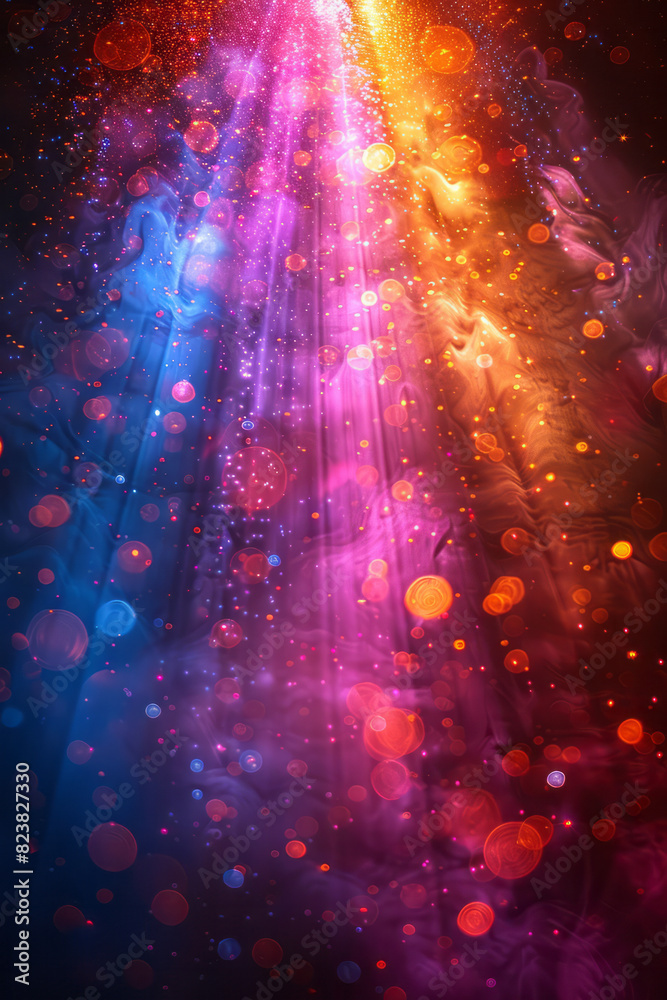 Poster artistic depiction of a lens emitting beams of light that form a cascading waterfall of colors,