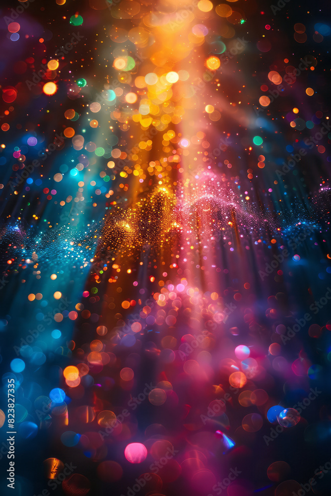Poster artistic depiction of a lens emitting beams of light that form a cascading waterfall of colors,
