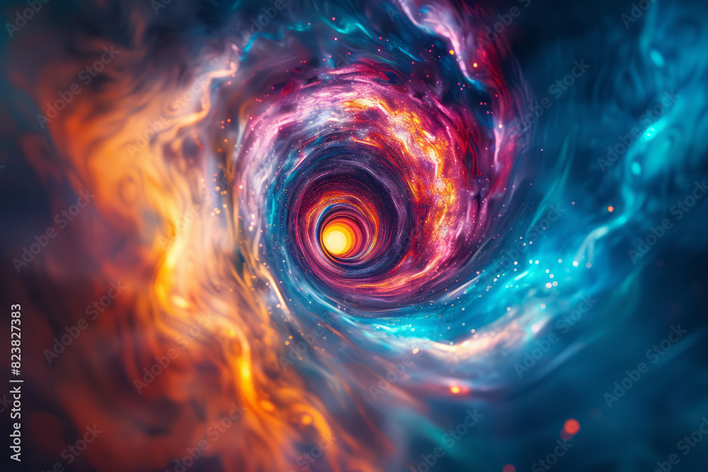 Poster illustration of a lens emitting beams of light that form a swirling vortex of colorful, abstract sha