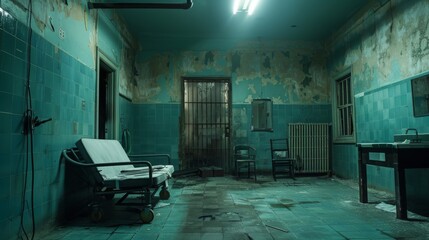 Creepy hospital room with twisted tools, eerie teal and light green lighting, and ghostly whispers adding to the sense of dread.