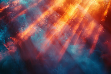 A lens projecting beams of light that create an abstract landscape of glowing shapes and patterns,