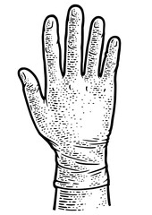 Hand in medical glove sketch engraving PNG illustration. T-shirt apparel print design. Scratch board imitation. Black and white hand drawn image.