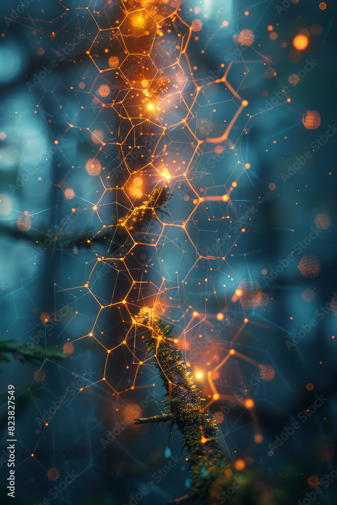 Poster artistic depiction of a lens emitting a grid of glowing, interconnected hexagons that spread across 