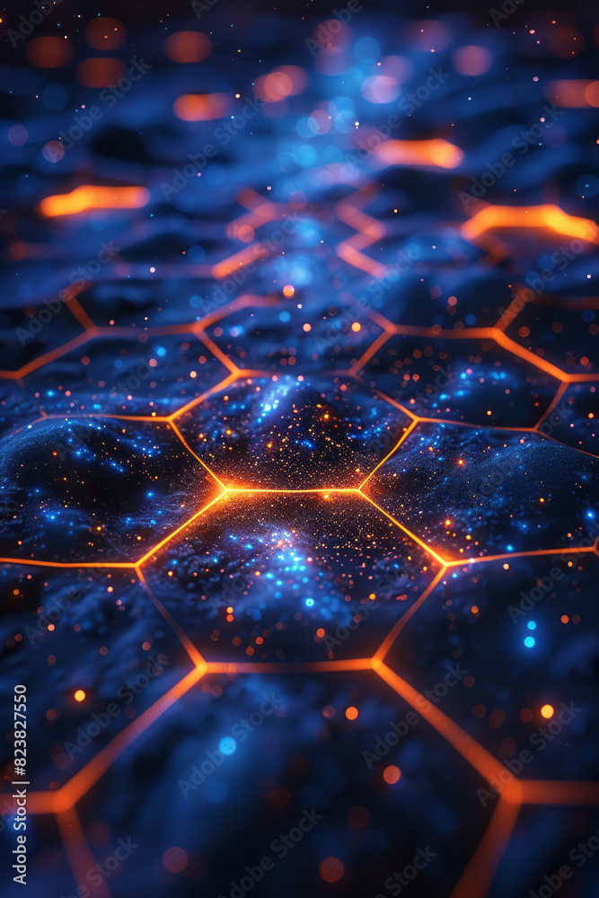 Aufkleber artistic depiction of a lens emitting a grid of glowing, interconnected hexagons that spread across 