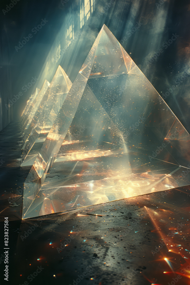 Leinwandbilder Illustration of a lens projecting triangular beams of light that overlap and create intricate geometric patterns,
