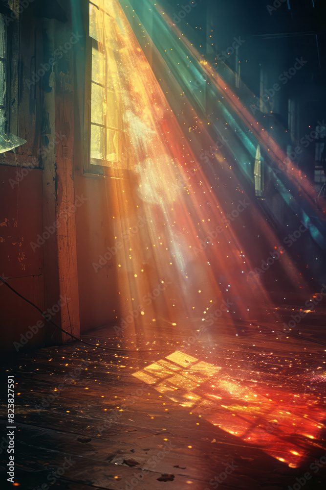 Fototapete Illustration of a lens projecting triangular beams of light that overlap and create intricate geometric patterns,