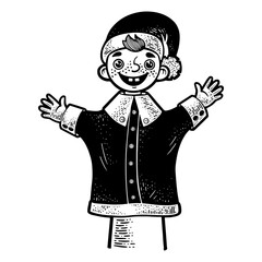Puppet doll on puppeteer hand sketch engraving PNG illustration. T-shirt apparel print design. Scratch board imitation. Black and white hand drawn image.