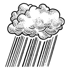 Cloud rain sketch engraving PNG illustration. T-shirt apparel print design. Scratch board imitation. Black and white hand drawn image.