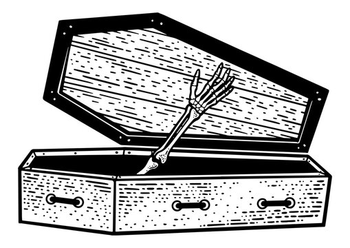 recommend clip art: skeleton hand from coffin sketch engraving PNG illustration. T-shirt apparel print design. Scratch board imitation. Black and white hand drawn image.