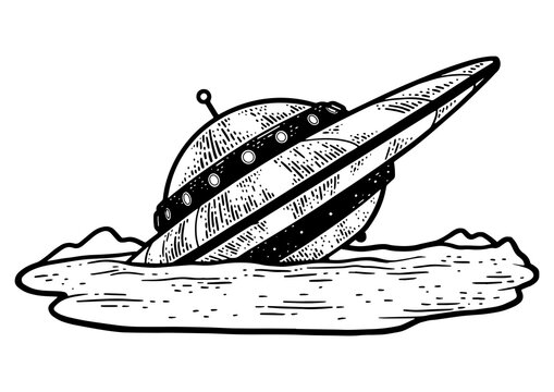 wrecked crashed ufo sketch engraving PNG illustration. T-shirt apparel print design. Scratch board imitation. Black and white hand drawn image.