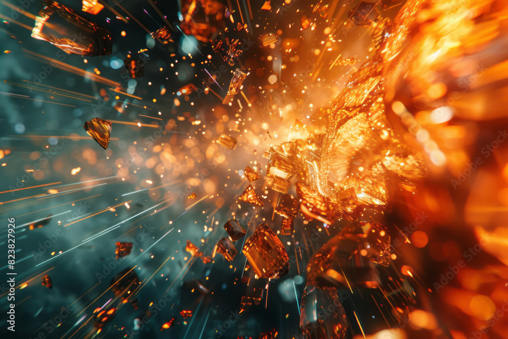 Poster a lens surrounded by an explosion of angular shapes and lines, creating a dynamic and vibrant compos
