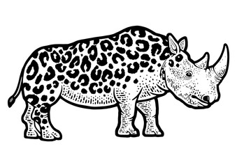 fictional animal rhinoceros leopard sketch engraving PNG illustration. T-shirt apparel print design. Scratch board imitation. Black and white hand drawn image.