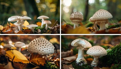 Four photos of mushrooms in the forest.