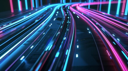 Dynamic black surfaces with neon blue and pastel pink lines represent a high-speed data network in motion.