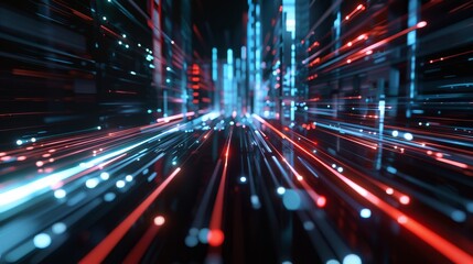 Obraz premium Black surfaces with red, white, and blue lines, capturing the energy and movement of a high-speed data network in action.