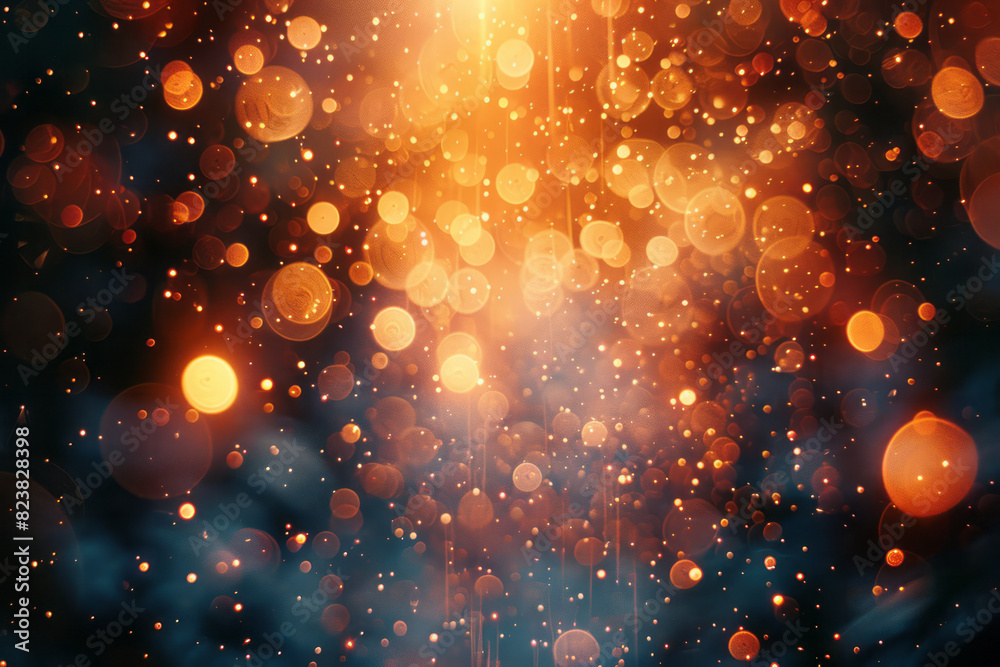 Poster a lens surrounded by an explosion of glowing orbs, each orb leaving trails of light as they move awa