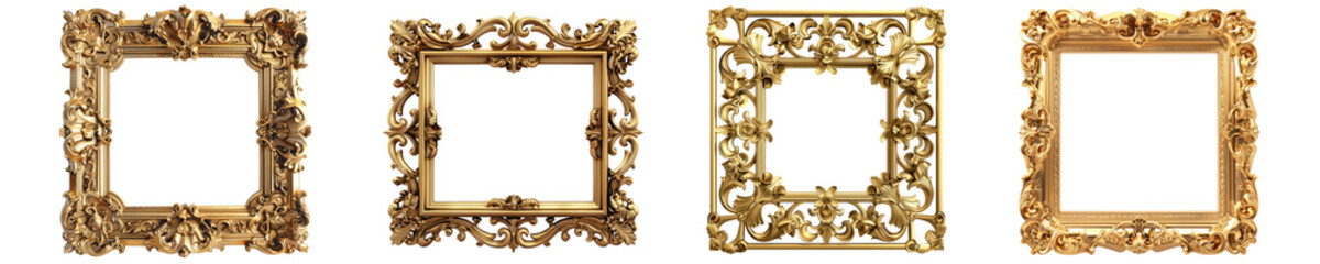 Set of golden vintage frames isolated on white background, clipart. Png collection with transparent background, cutout.