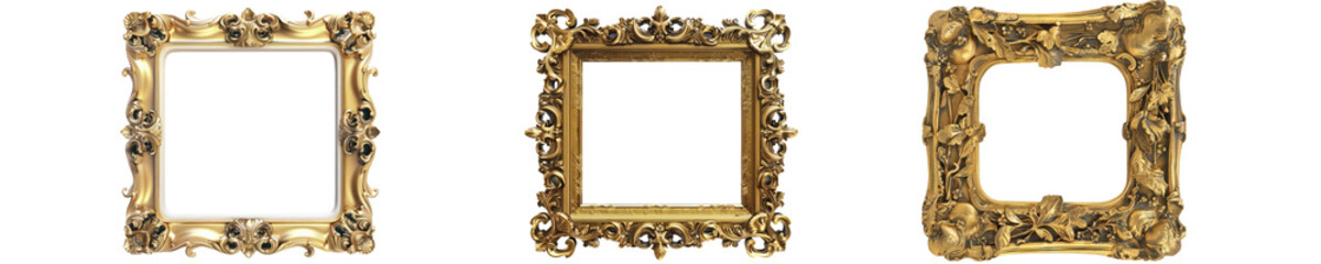 Set of golden vintage frames isolated on white background, clipart. Png collection with transparent background, cutout.