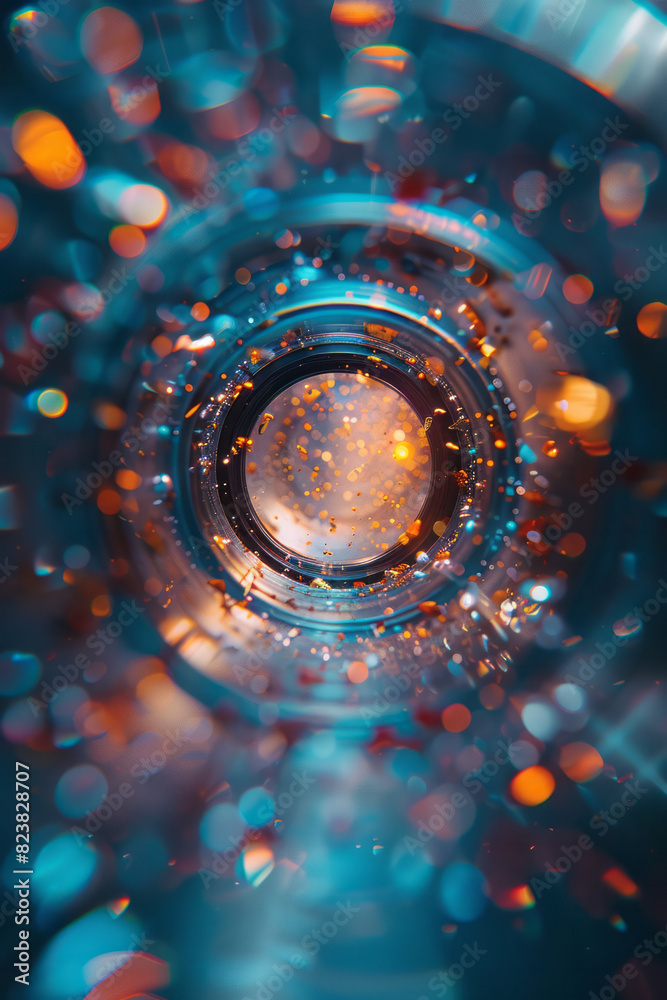 Fototapete Abstract depiction of a lens surrounded by an array of kinetic shapes and colors, each element in constant motion,
