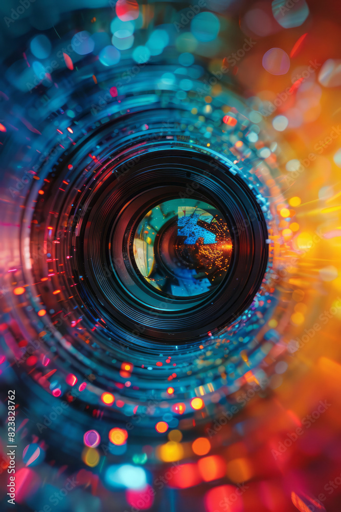 Fototapete abstract depiction of a lens surrounded by an array of kinetic shapes and colors, each element in co