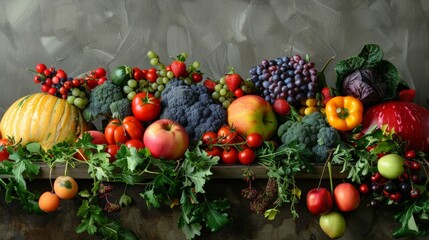 A vibrant still life arrangement of colorful fruits and vegetables, exuding freshness and healthy living.