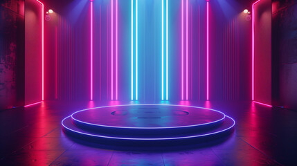 3D render of an abstract podium in a studio setting with a mesh background and neon lights. The podium has an unconventional shape and the scene is illuminated with dynamic, colorful lighting.
