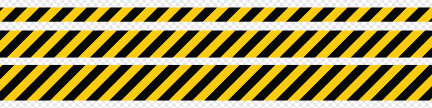 Warning tape with yellow and black diagonal stripes. Warn stop seamless line. Yellow and black caution tape border. Long danger ribbon. eps 10