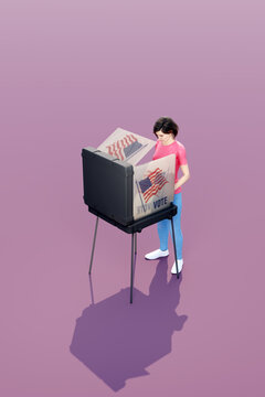 Person casting a vote at voting booth. Election, voting, democracy. 