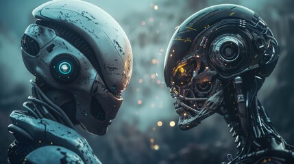 Fototapeta premium Two humanoid figures standing in front of a city, facing each other in a confrontational stance.