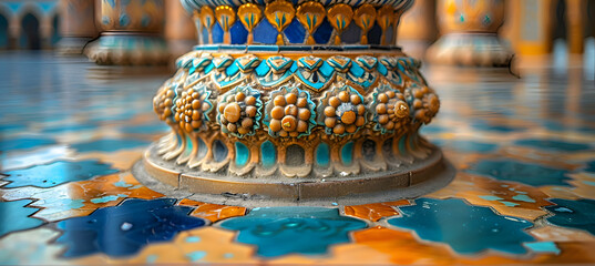 Close-up of the ornate designs on a mosque's minaret