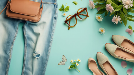 Jeans, handbag and loafers. Fashion spring, summer or autumn outfit. Women's stylish and elegant clothes with accessory. Flat lay, top view, overhead.