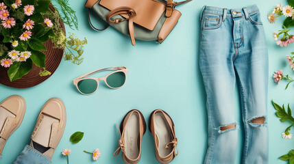 Jeans, handbag and loafers. Fashion spring, summer or autumn outfit. Women's stylish and elegant clothes with accessory. Flat lay, top view, overhead.