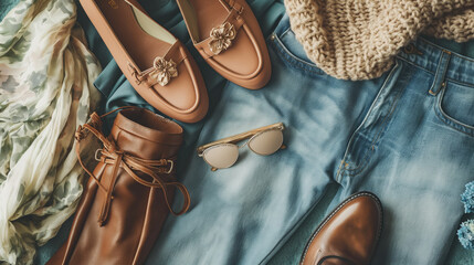 Jeans, handbag and loafers. Fashion spring, summer or autumn outfit. Women's stylish and elegant clothes with accessory. Flat lay, top view, overhead.