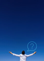 teenager against the background of a clear sky with hands raised upwards and a graphic symbol in...